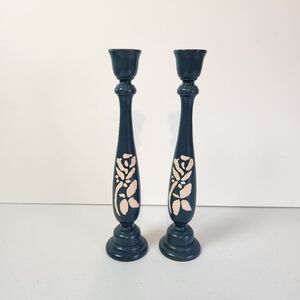 Hand Painted Wooden Candle Holders Colonial Blue Vintage Country Farmhouse Decor